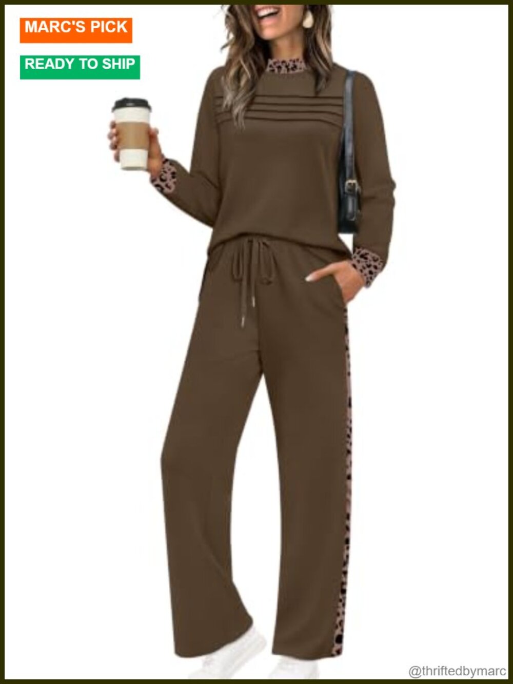 Two Piece Lounge Set Long Sleeve Wide Leg Crop Pants Travel Casual
